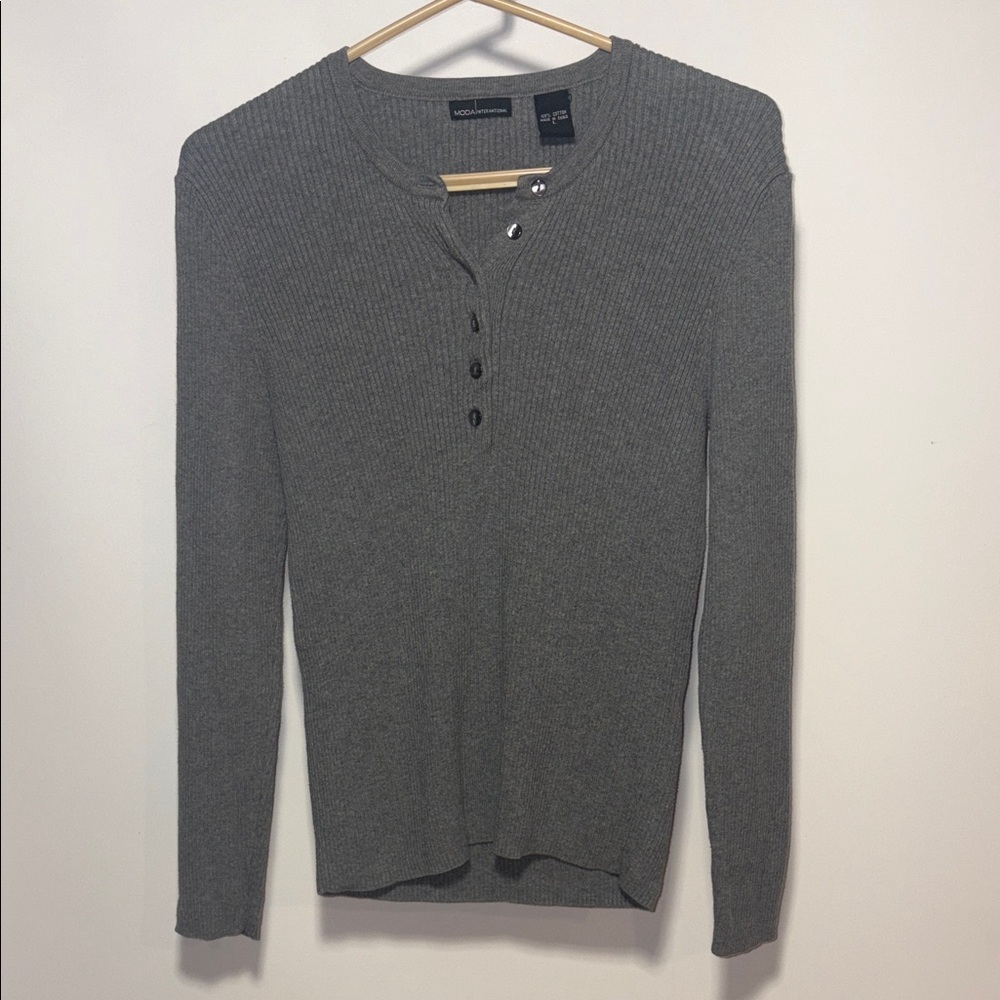 Moda International Gray Ribbed Henley Top